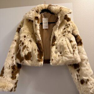 NWT Fur Faux Winter Coat, Cow Print, Size XS